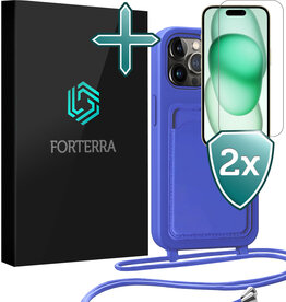 Forterra Forterra iPhone 15 Pro Max Hoesje Pashouder met Koord Met 2x Screenprotector - Fel Blauw