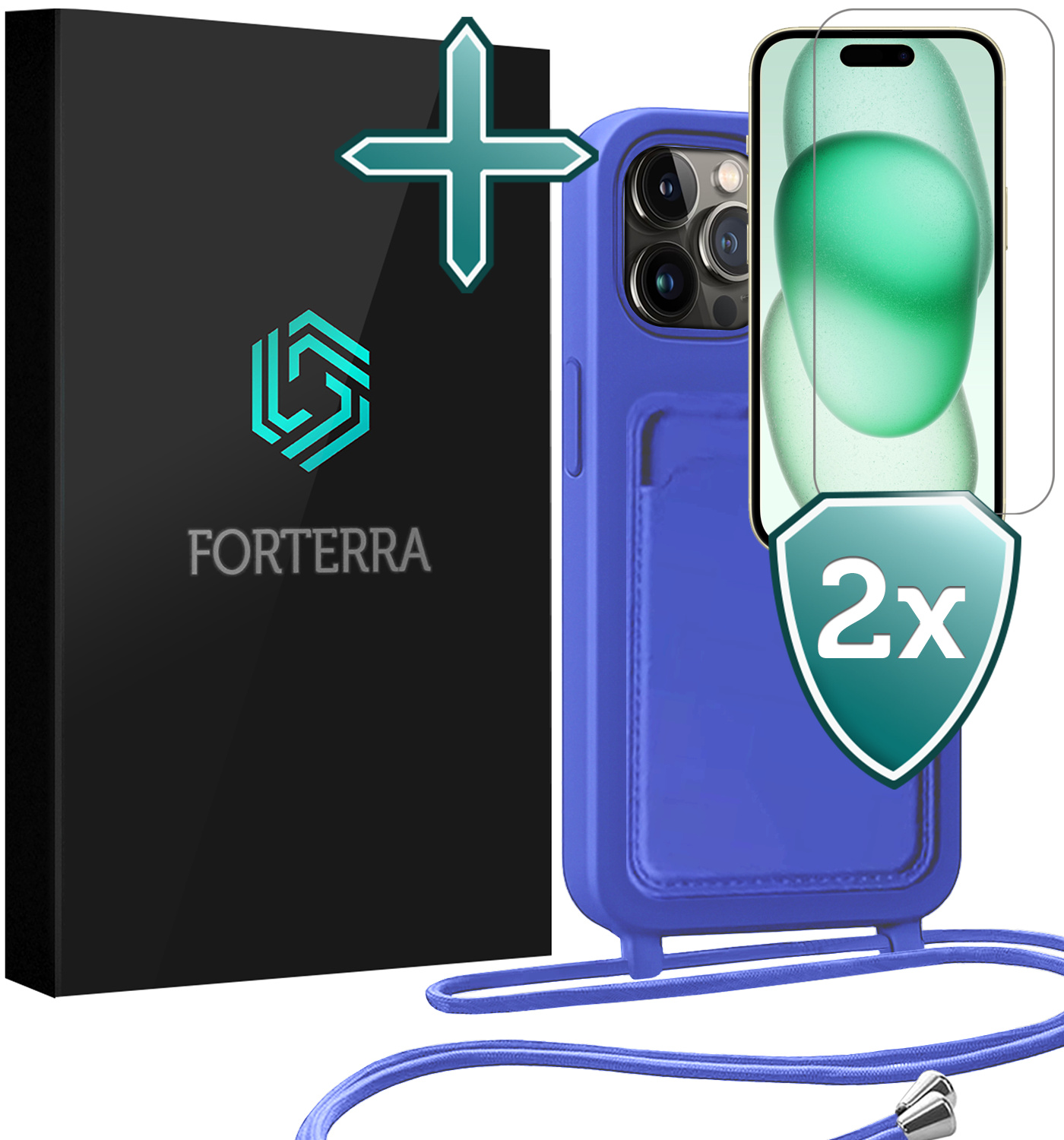 Forterra Forterra iPhone 15 Pro Max Hoesje Pashouder met Koord Met 2x Screenprotector - Fel Blauw