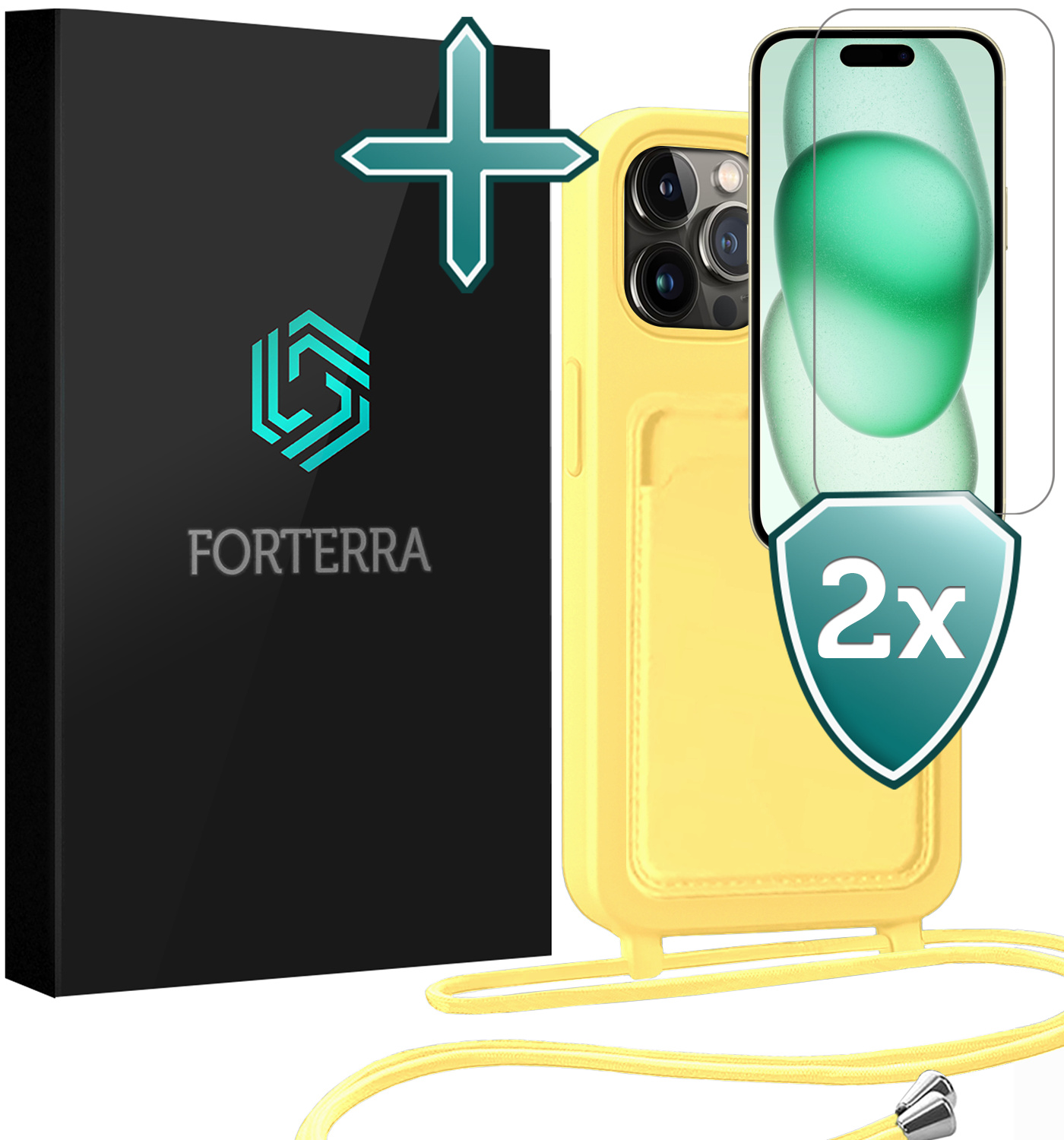 Forterra Forterra iPhone 15 Pro Max Hoesje Pashouder met Koord Met 2x Screenprotector - Geel