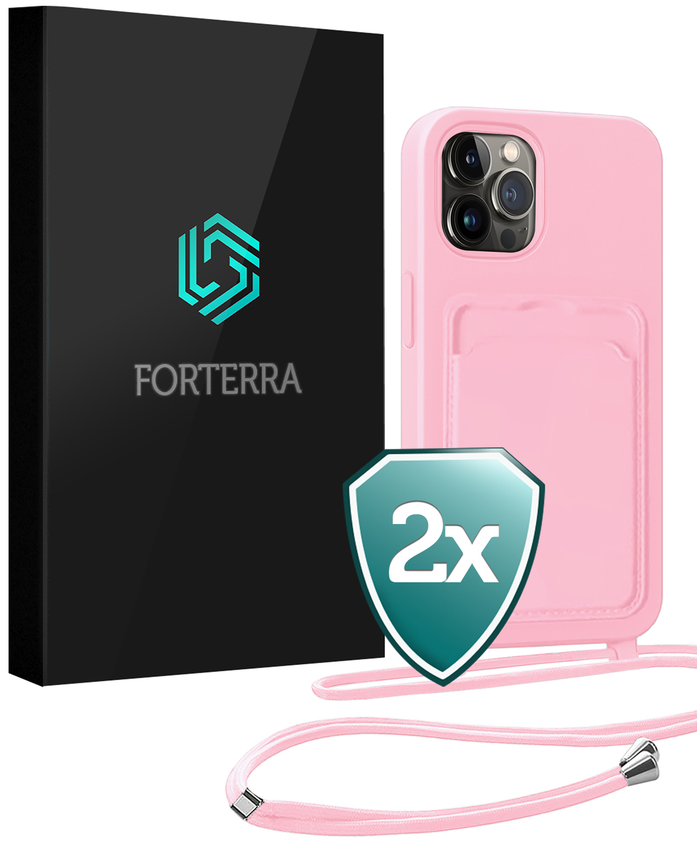 Forterra Forterra iPhone 15 Pro Max Hoesje Pashouder met Koord - Lichtroze - 2 PACK
