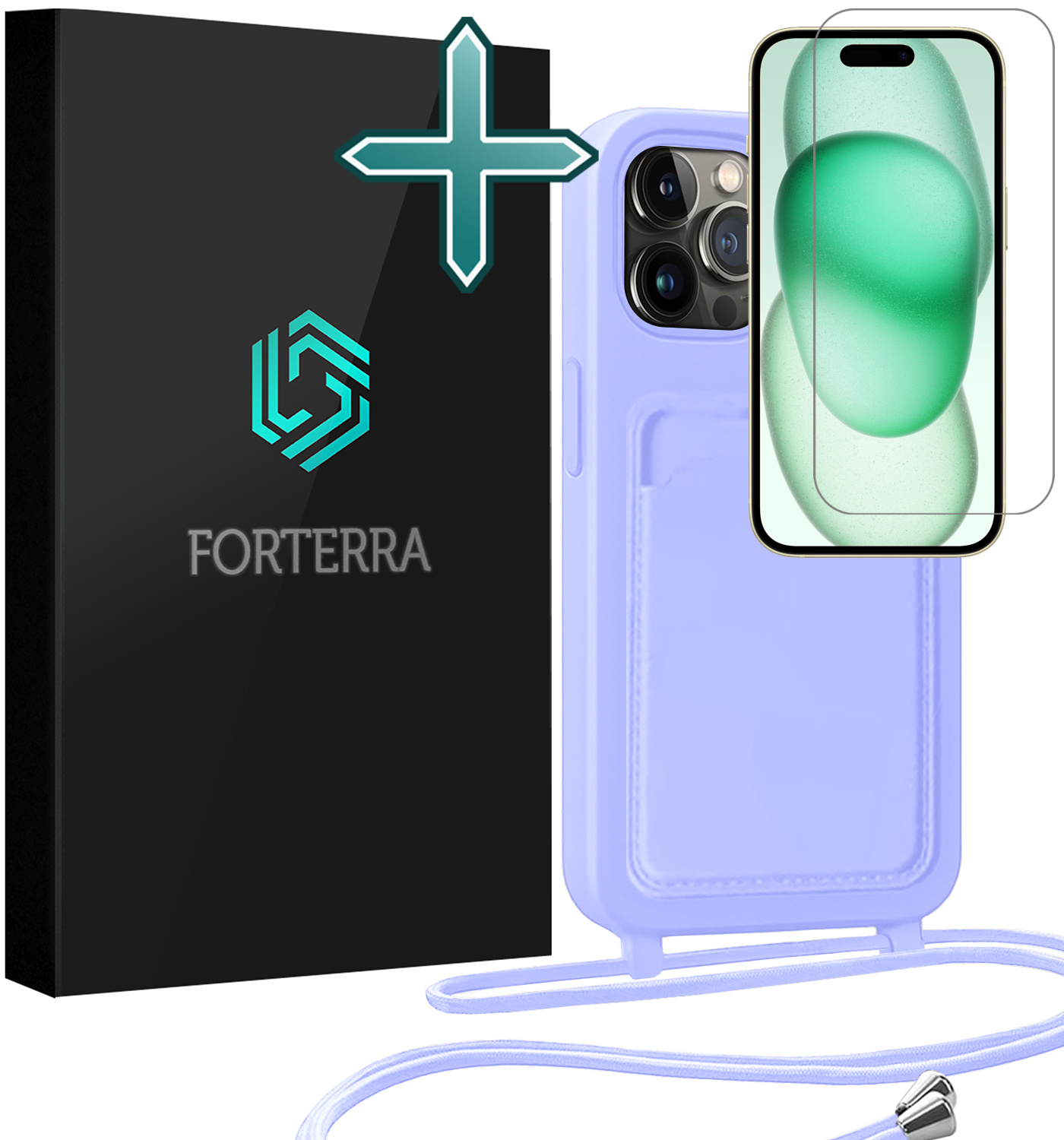 Forterra Forterra iPhone 15 Pro Max Hoesje Pashouder met Koord Met Screenprotector - Lila