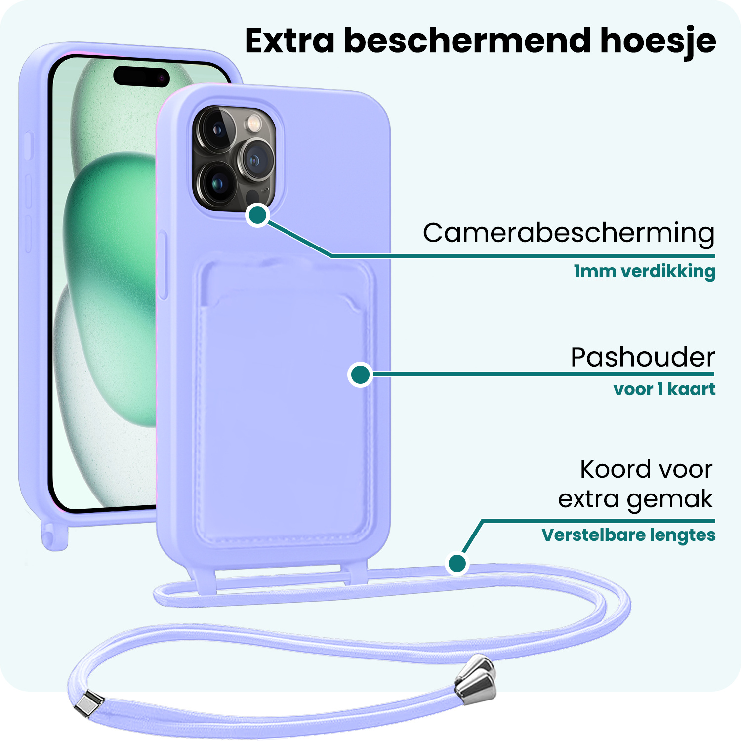 Forterra Forterra iPhone 15 Pro Max Hoesje Pashouder met Koord Met Screenprotector - Lila