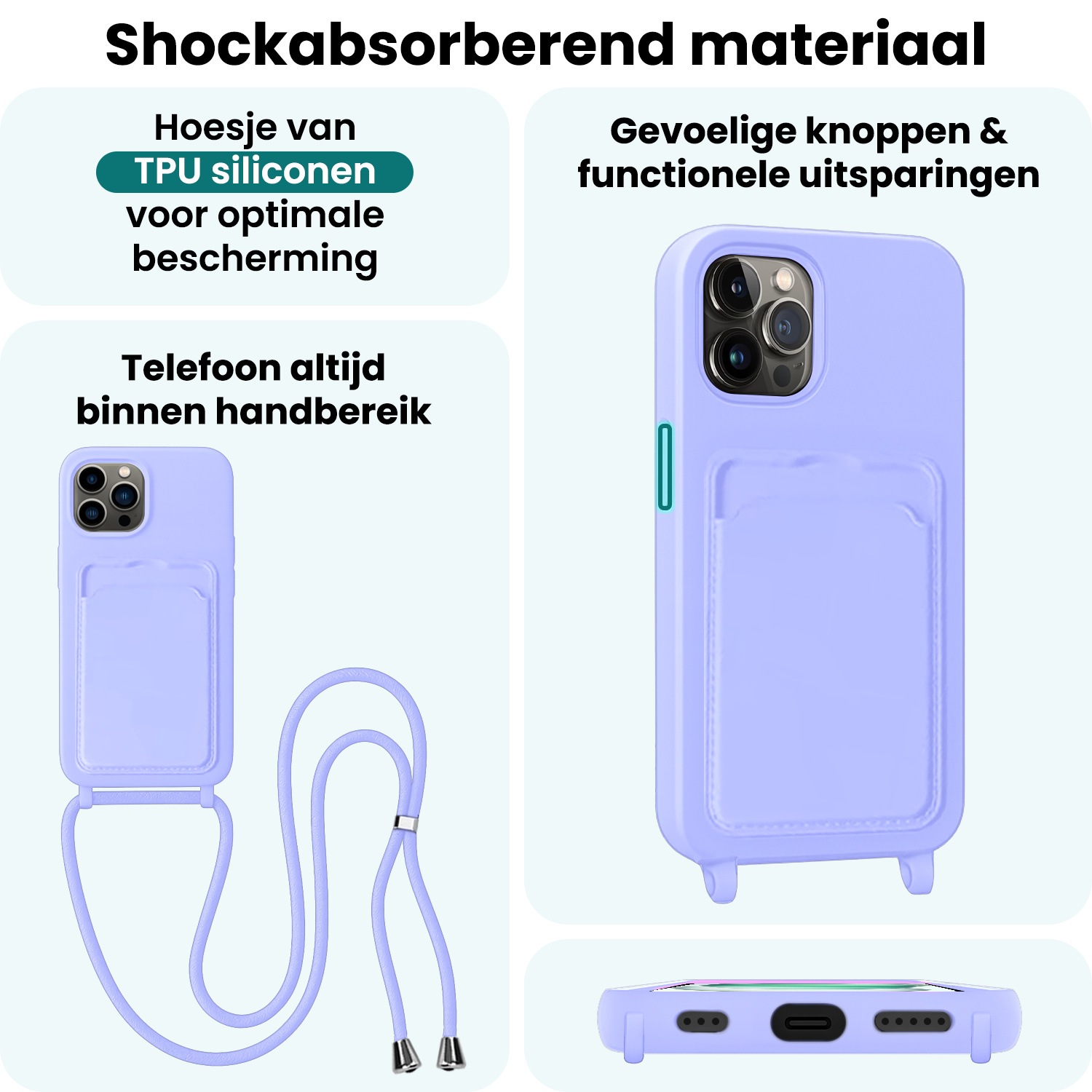 Forterra Forterra iPhone 15 Pro Max Hoesje Pashouder met Koord Met Screenprotector - Lila