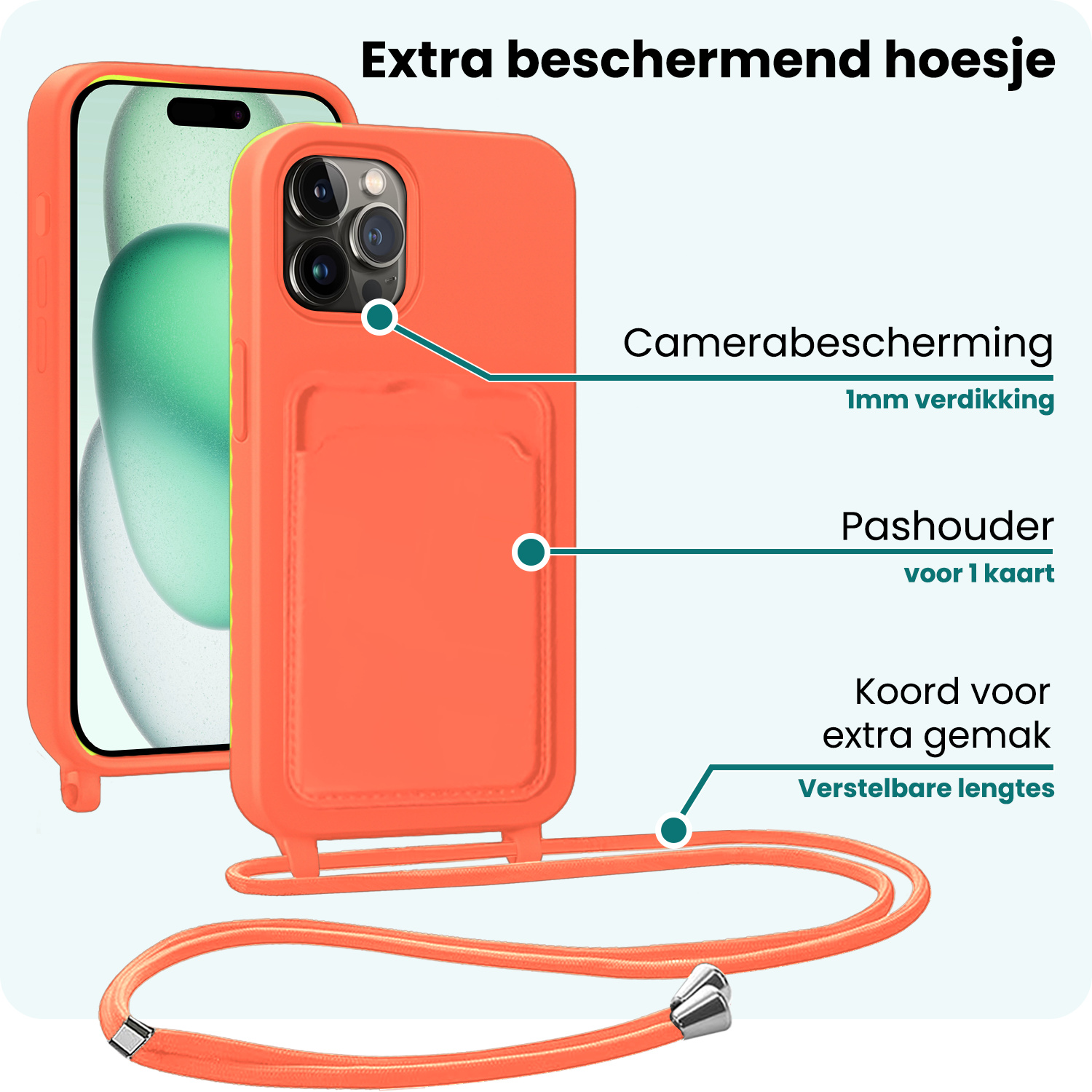 Forterra Forterra iPhone 15 Pro Max Hoesje Pashouder met Koord - Papaya - 2 PACK