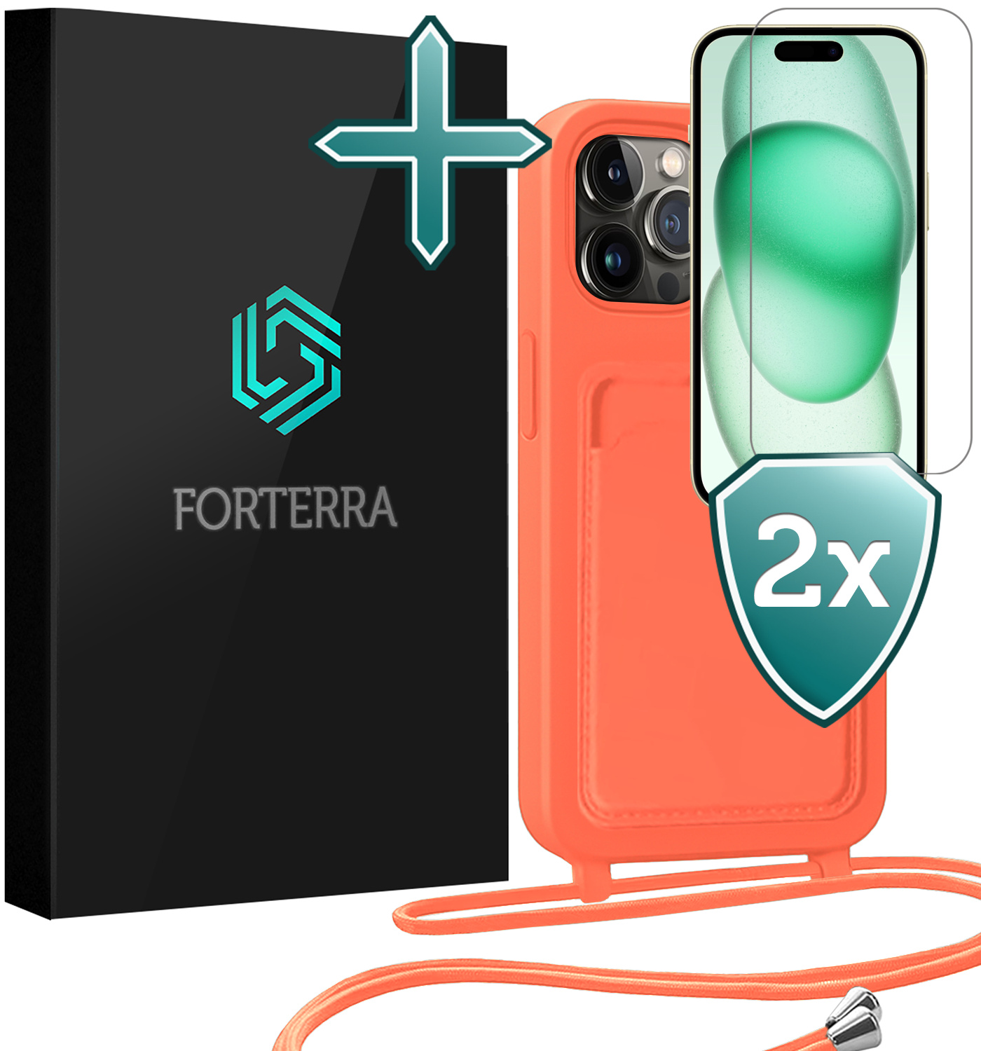 Forterra Forterra iPhone 15 Pro Max Hoesje Pashouder met Koord Met 2x Screenprotector - Papaya