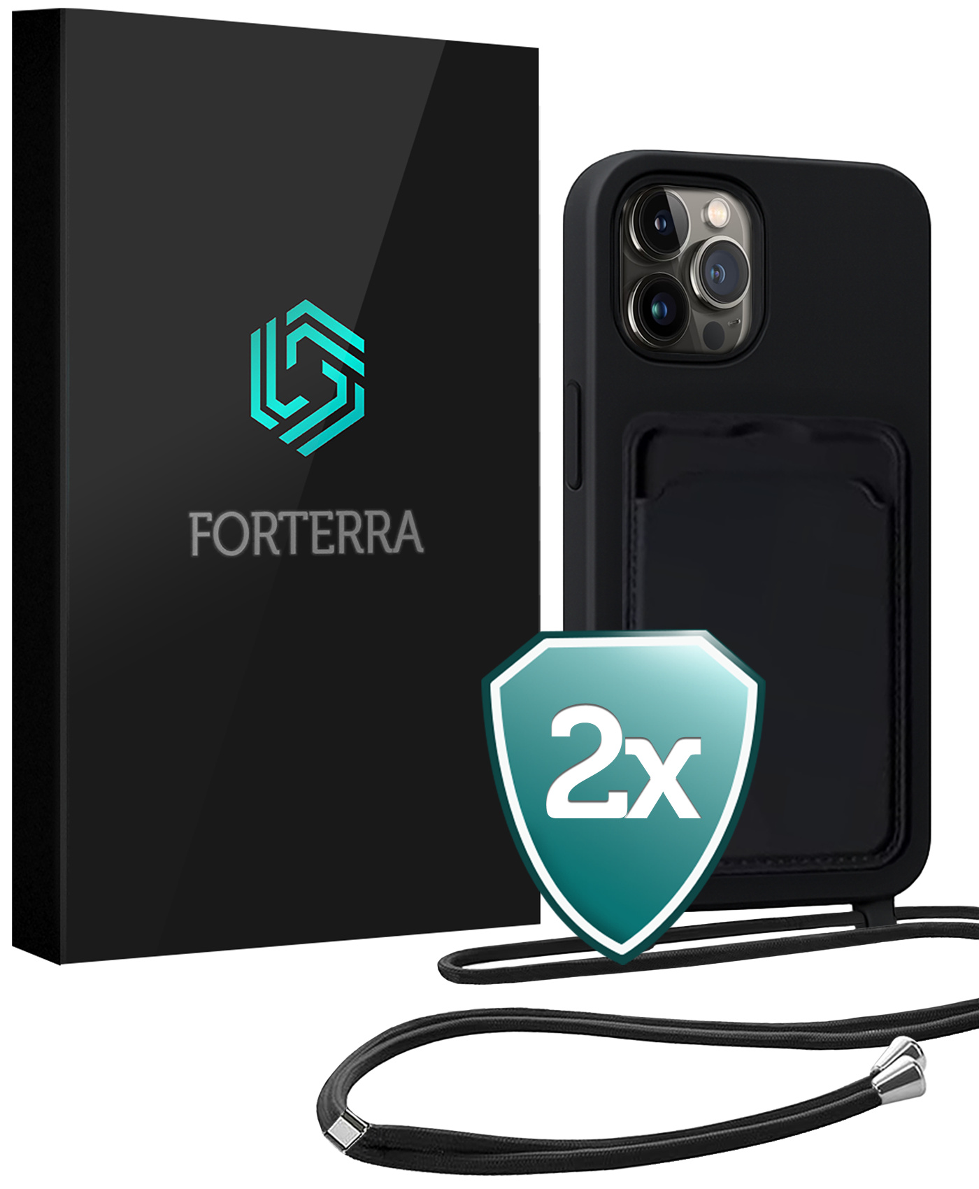 Forterra Forterra iPhone 15 Pro Max Hoesje Pashouder met Koord - Zwart - 2 PACK