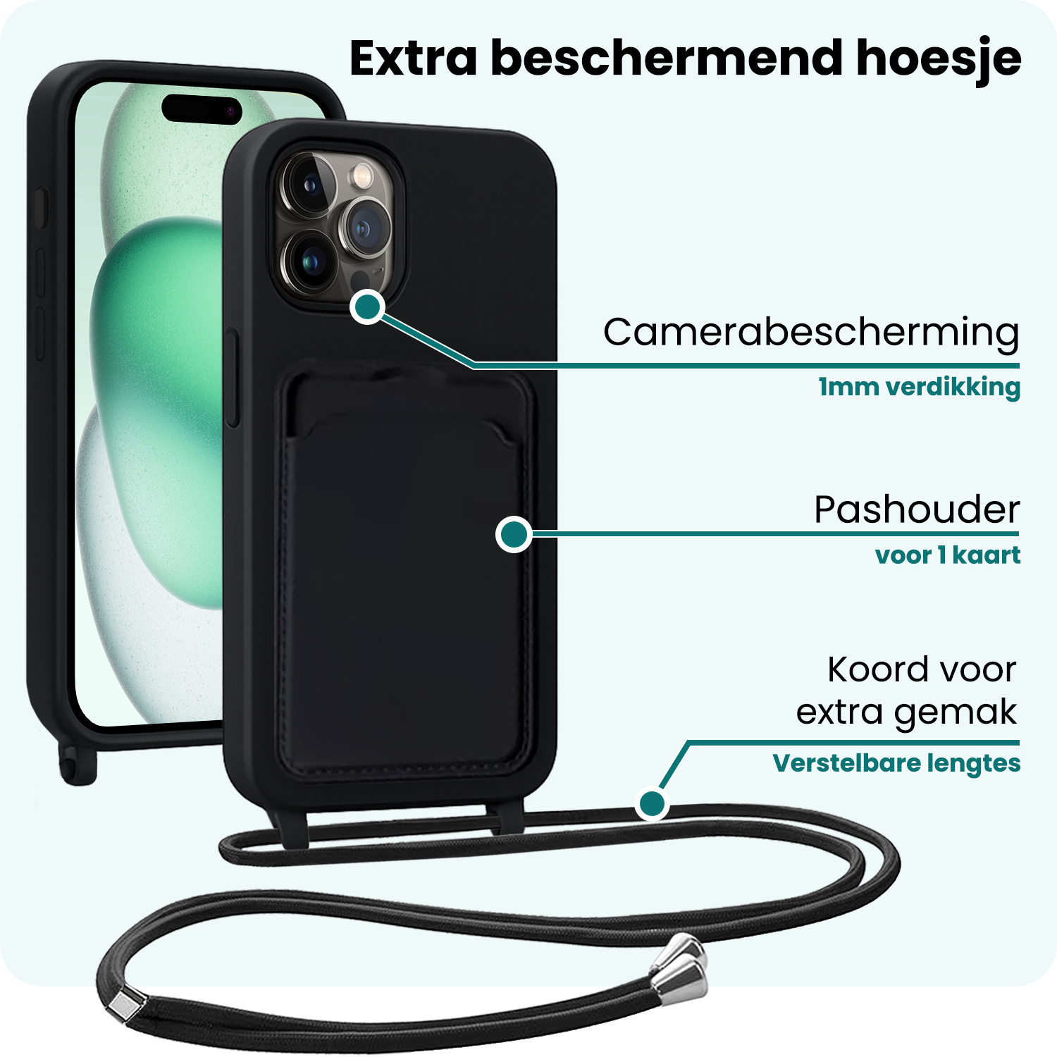 Forterra Forterra iPhone 15 Pro Max Hoesje Pashouder met Koord - Zwart - 2 PACK