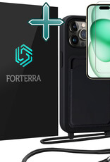 Forterra Forterra iPhone 15 Pro Max Hoesje Pashouder met Koord Met Screenprotector - Zwart