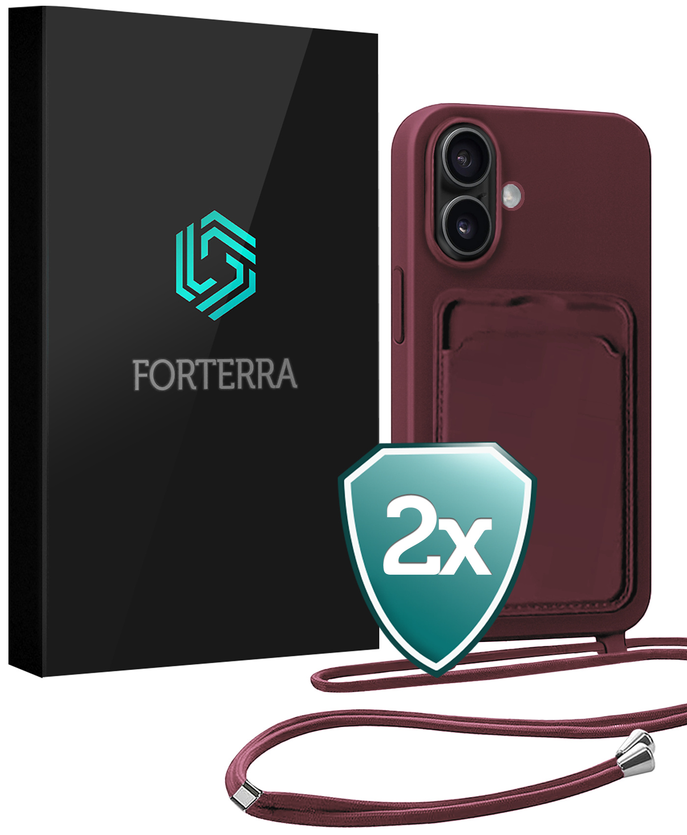 Forterra Forterra iPhone 16 Plus Hoesje Pashouder met Koord - Aubergine - 2 PACK