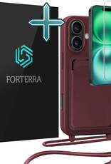 Forterra Forterra iPhone 16 Plus Hoesje Pashouder met Koord Met Screenprotector - Aubergine