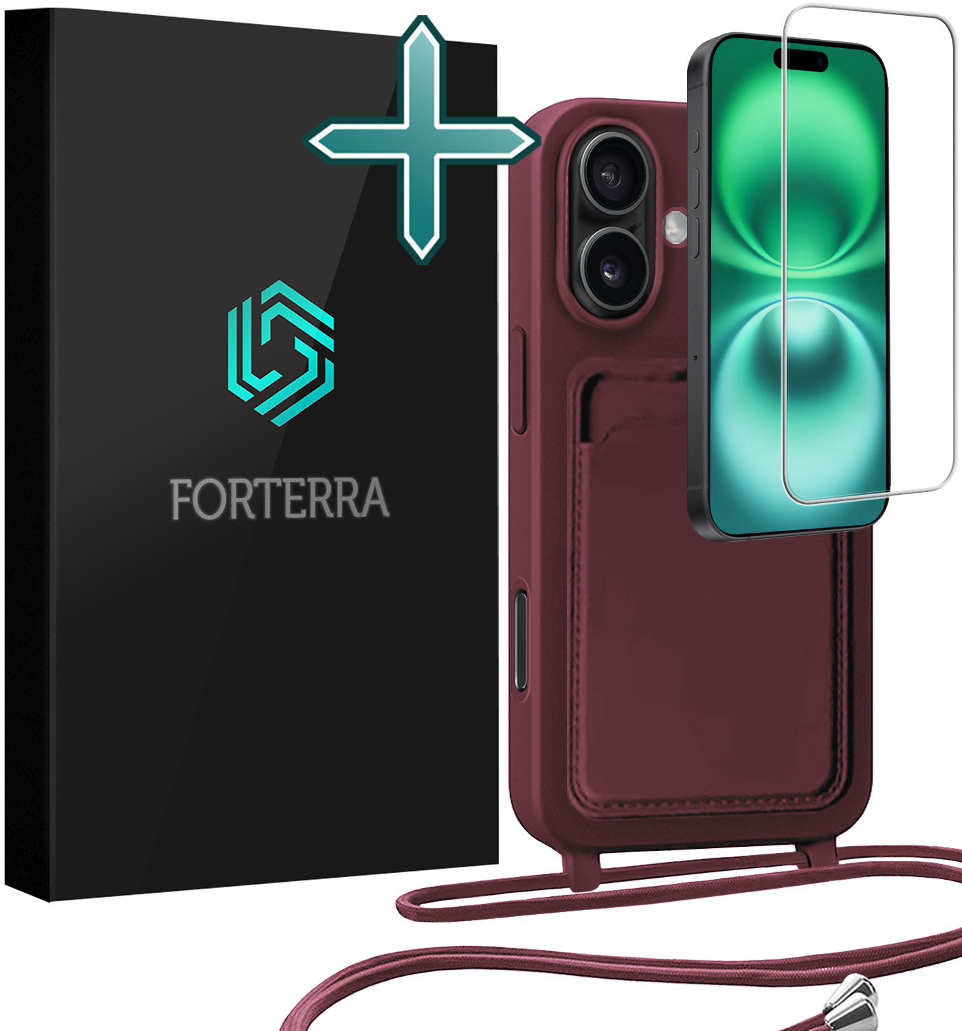 Forterra Forterra iPhone 16 Plus Hoesje Pashouder met Koord Met Screenprotector - Aubergine
