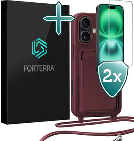 Forterra Forterra iPhone 16 Plus Hoesje Pashouder met Koord Met 2x Screenprotector - Aubergine