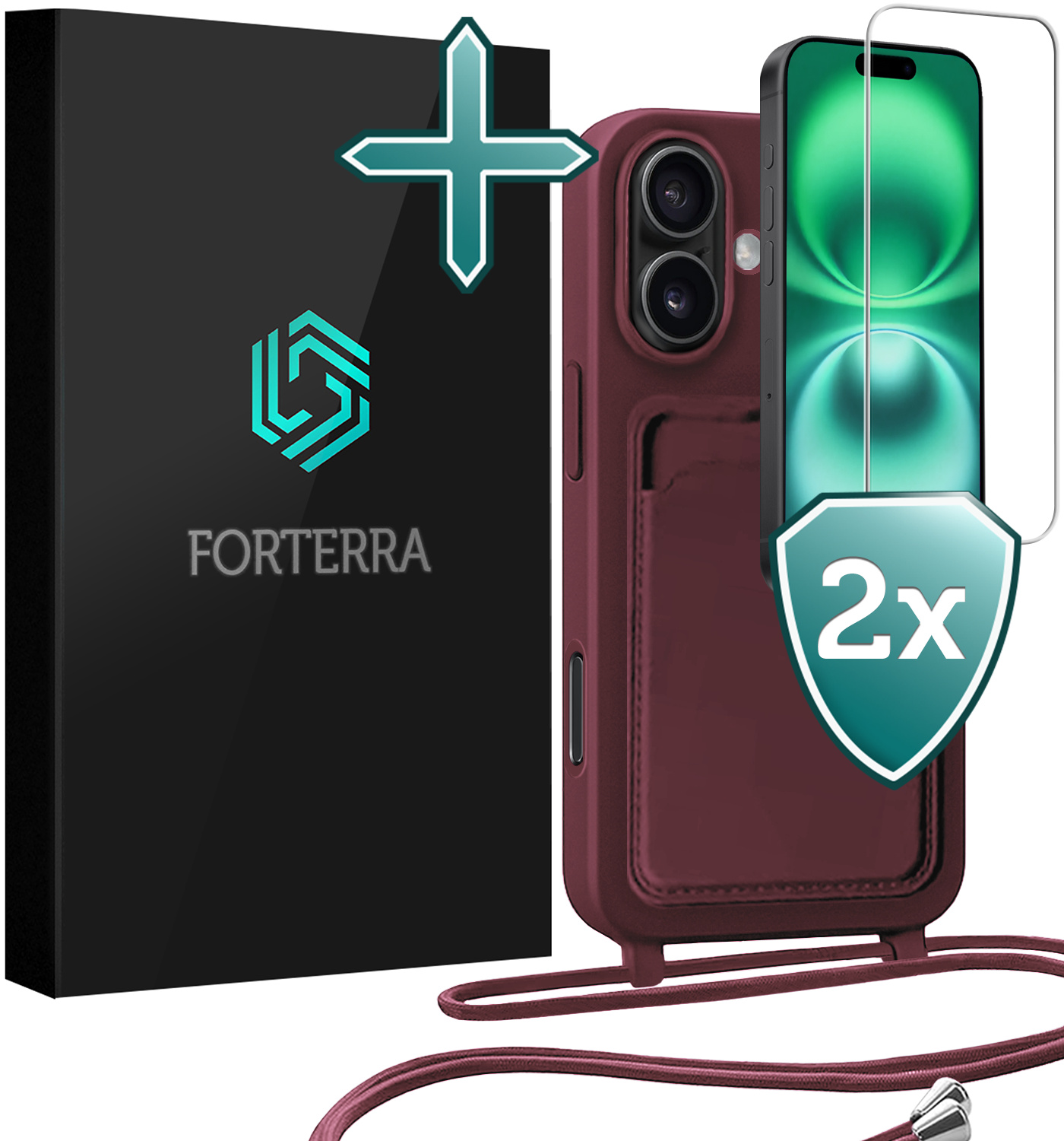 Forterra Forterra iPhone 16 Plus Hoesje Pashouder met Koord Met 2x Screenprotector - Aubergine