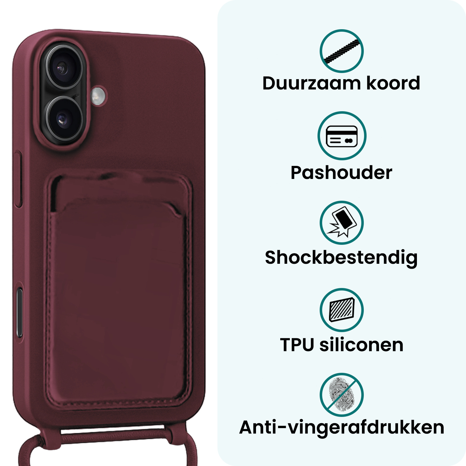 Forterra Forterra iPhone 16 Plus Hoesje Pashouder met Koord Met 2x Screenprotector - Aubergine
