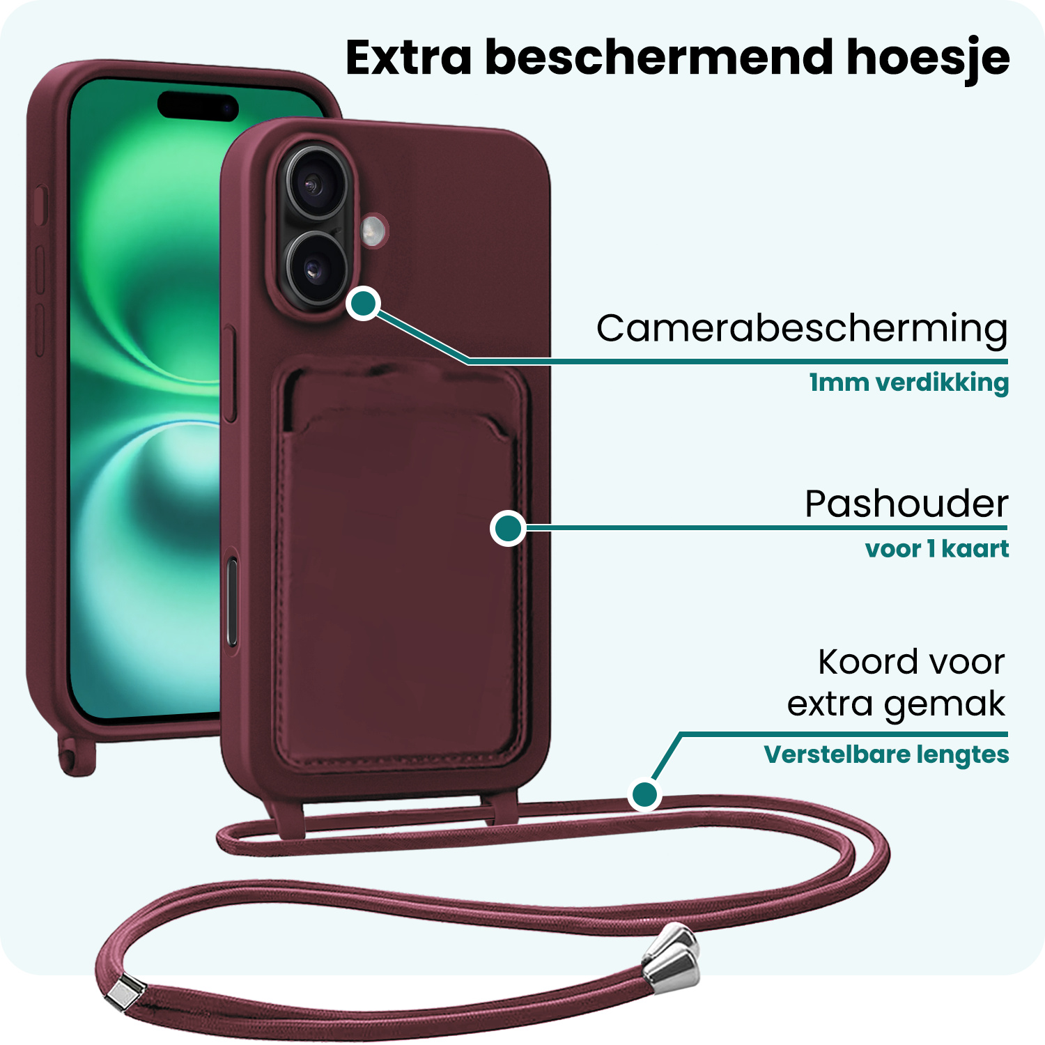 Forterra Forterra iPhone 16 Plus Hoesje Pashouder met Koord Met 2x Screenprotector - Aubergine