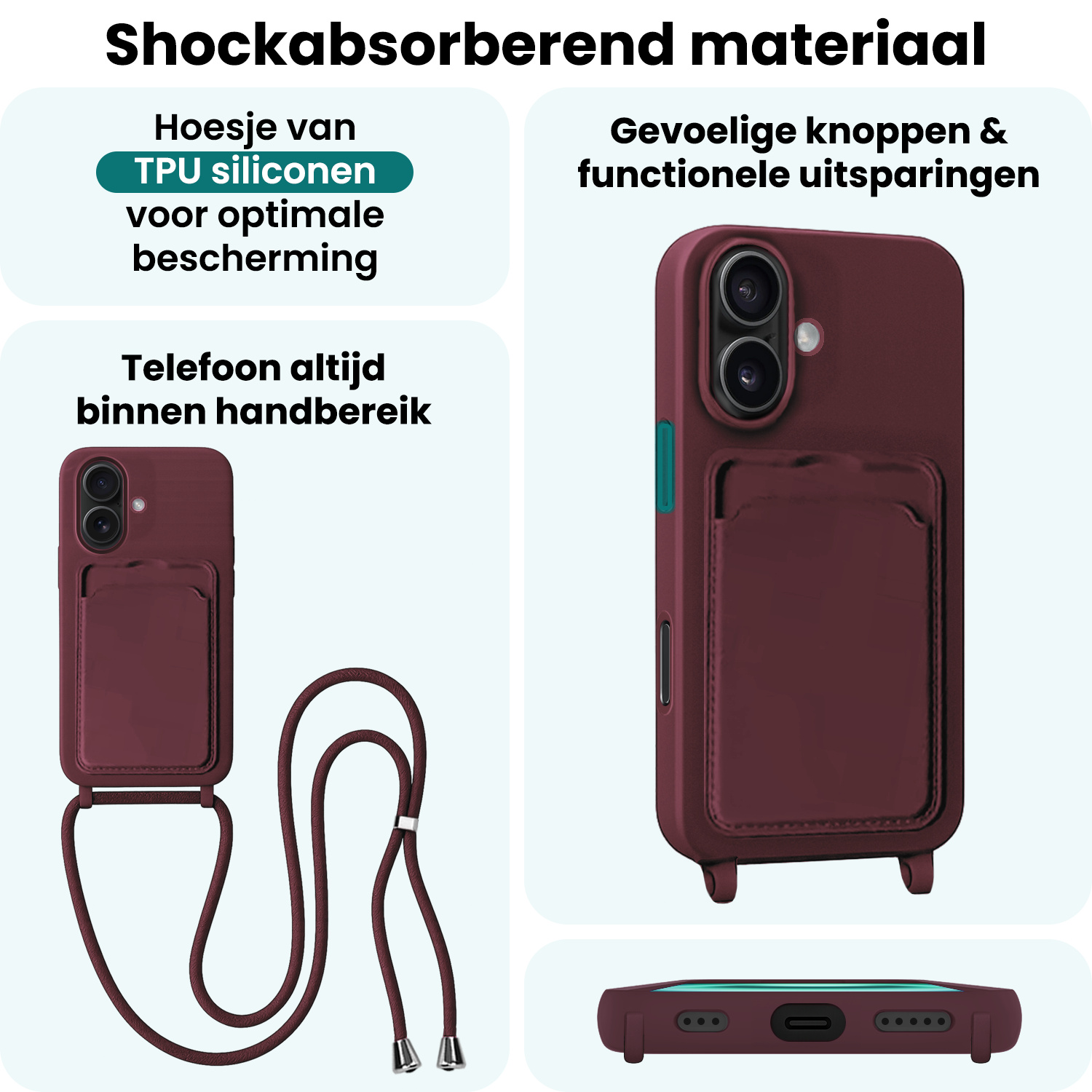 Forterra Forterra iPhone 16 Plus Hoesje Pashouder met Koord Met 2x Screenprotector - Aubergine