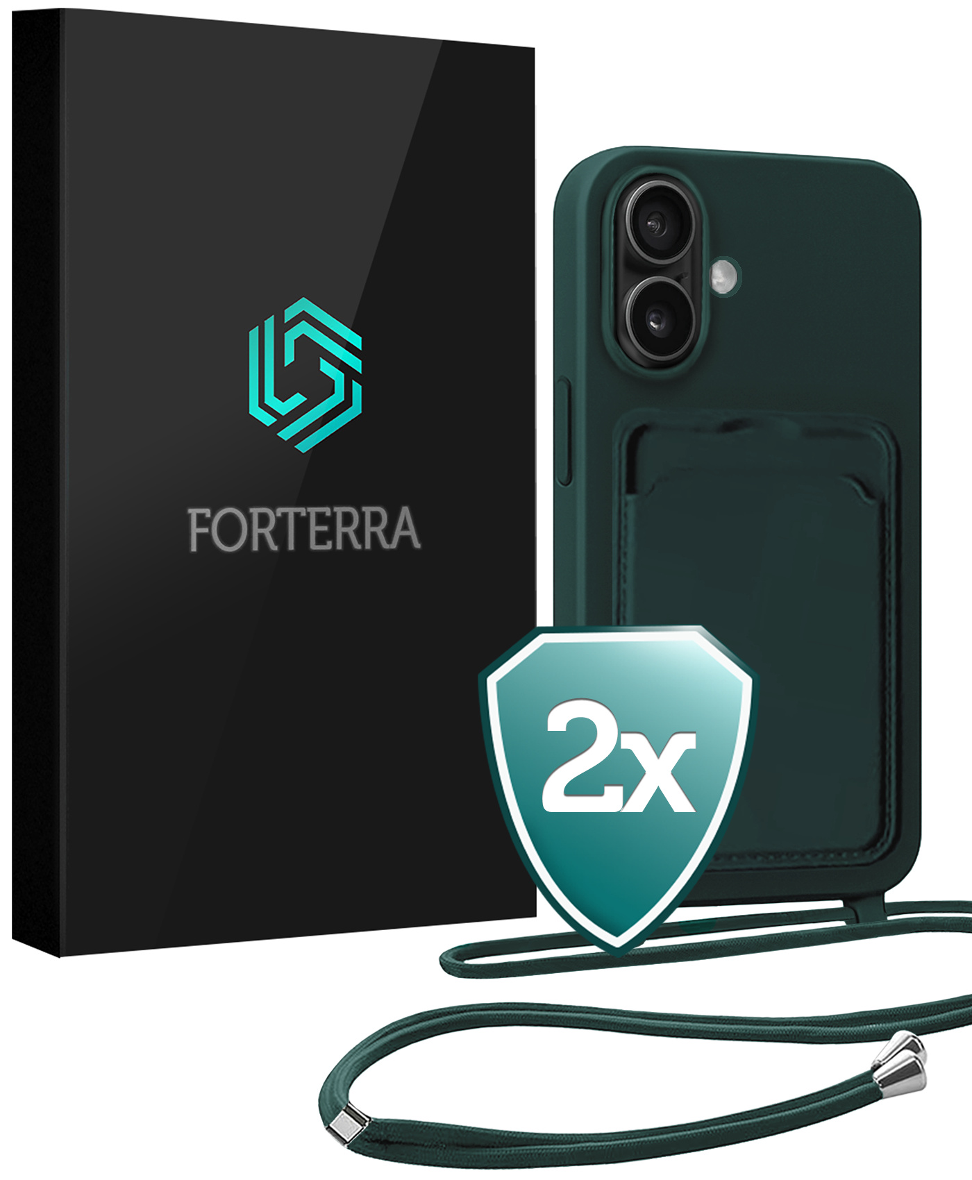 Forterra Forterra iPhone 16 Plus Hoesje Pashouder met Koord - Donkergroen - 2 PACK