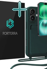 Forterra Forterra iPhone 16 Plus Hoesje Pashouder met Koord Met Screenprotector - Donkergroen