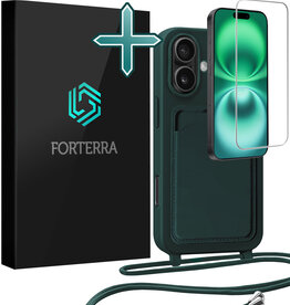 Forterra Forterra iPhone 16 Plus Hoesje Pashouder met Koord Met Screenprotector - Donkergroen