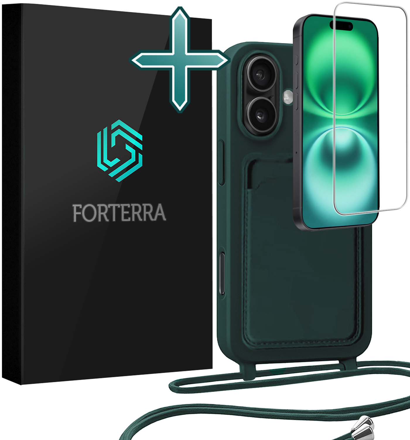 Forterra Forterra iPhone 16 Plus Hoesje Pashouder met Koord Met Screenprotector - Donkergroen