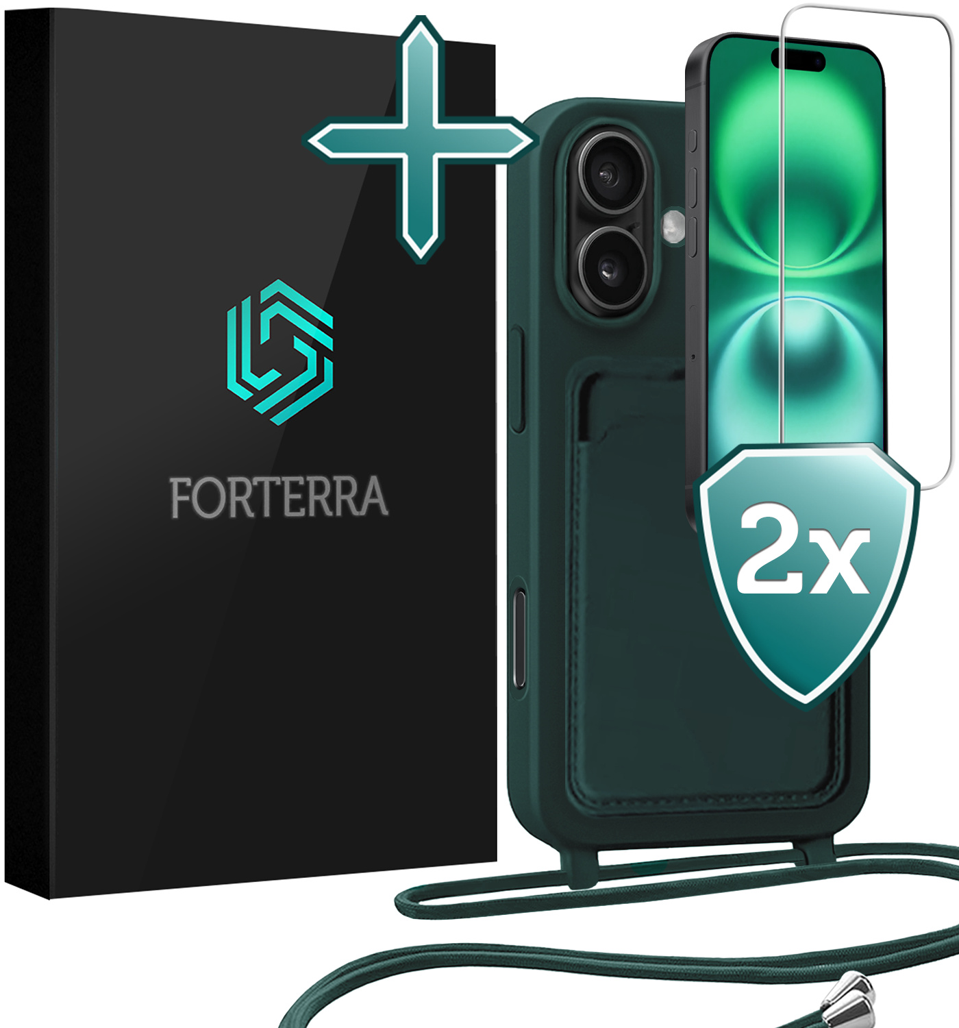 Forterra Forterra iPhone 16 Plus Hoesje Pashouder met Koord Met 2x Screenprotector - Donkergroen