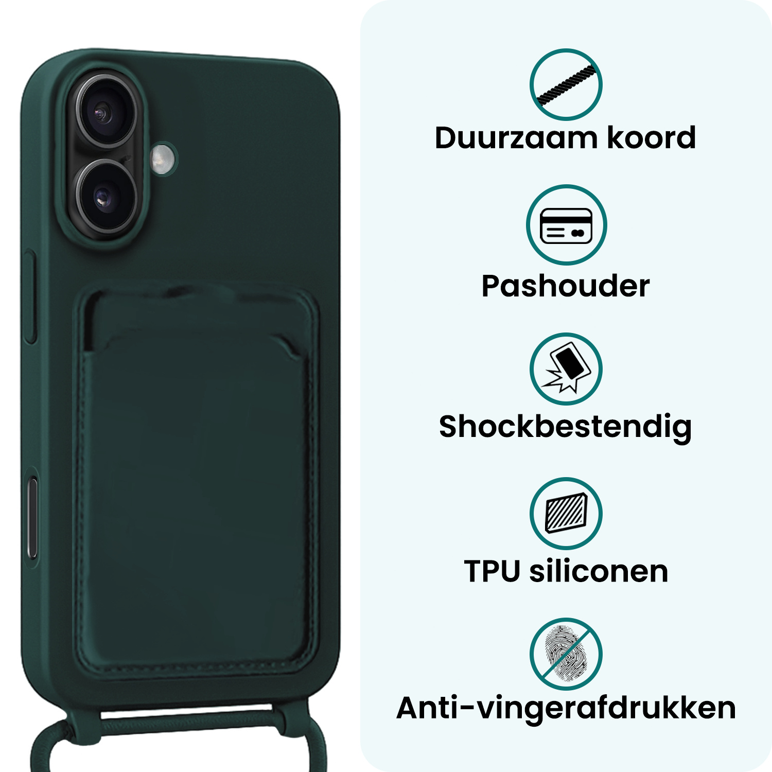Forterra Forterra iPhone 16 Plus Hoesje Pashouder met Koord Met 2x Screenprotector - Donkergroen