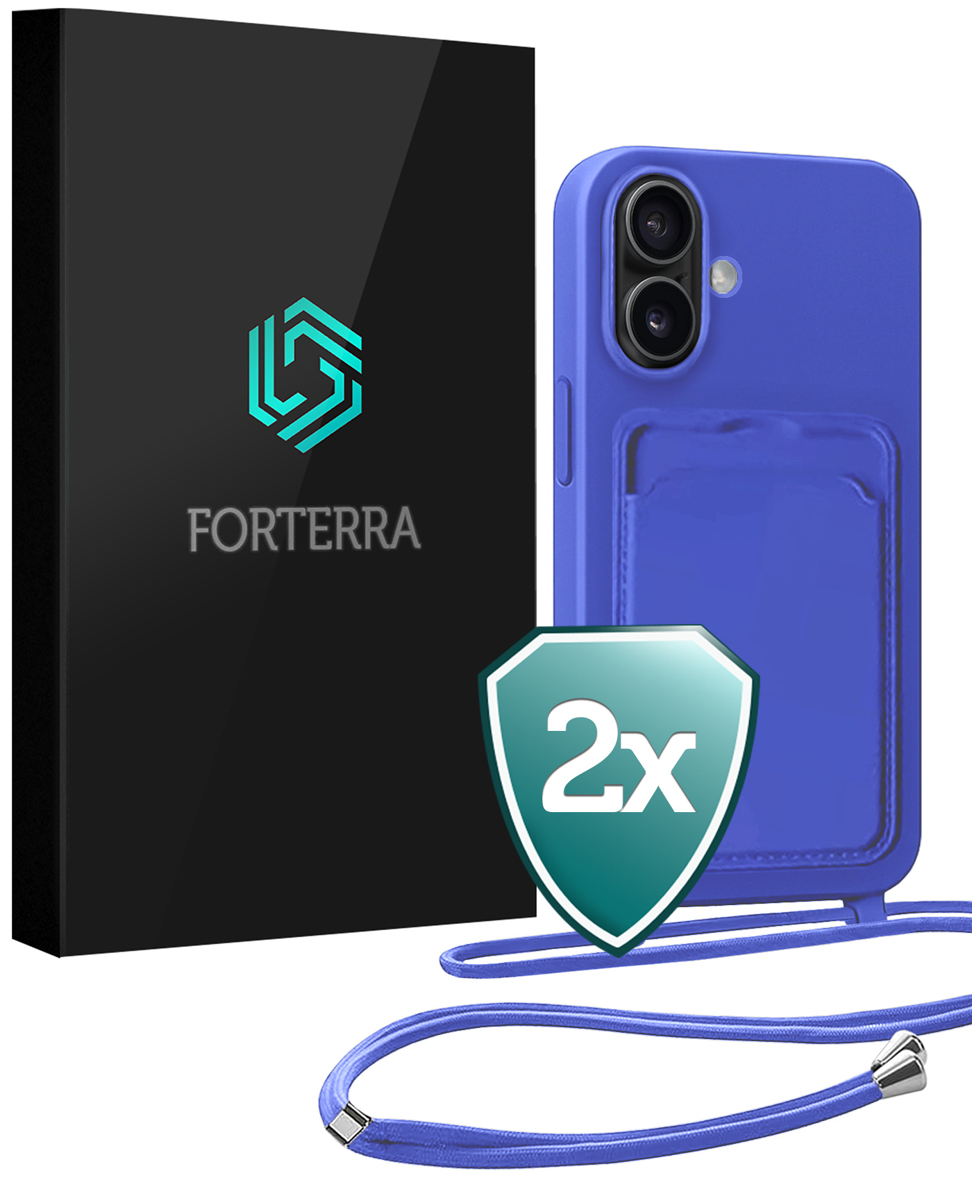 Forterra Forterra iPhone 16 Plus Hoesje Pashouder met Koord - Fel Blauw - 2 PACK