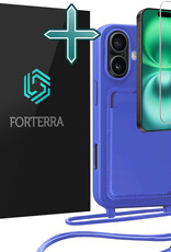 Forterra Forterra iPhone 16 Plus Hoesje Pashouder met Koord Met Screenprotector - Fel Blauw