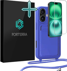 Forterra Forterra iPhone 16 Plus Hoesje Pashouder met Koord Met Screenprotector - Fel Blauw