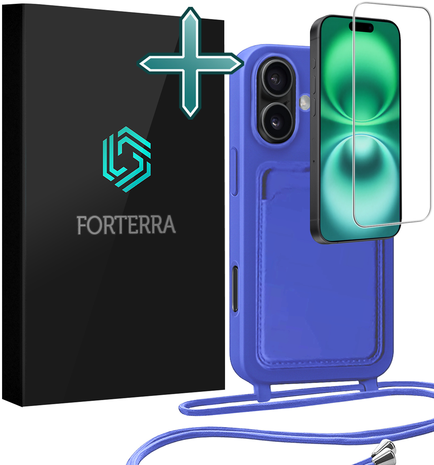 Forterra Forterra iPhone 16 Plus Hoesje Pashouder met Koord Met Screenprotector - Fel Blauw