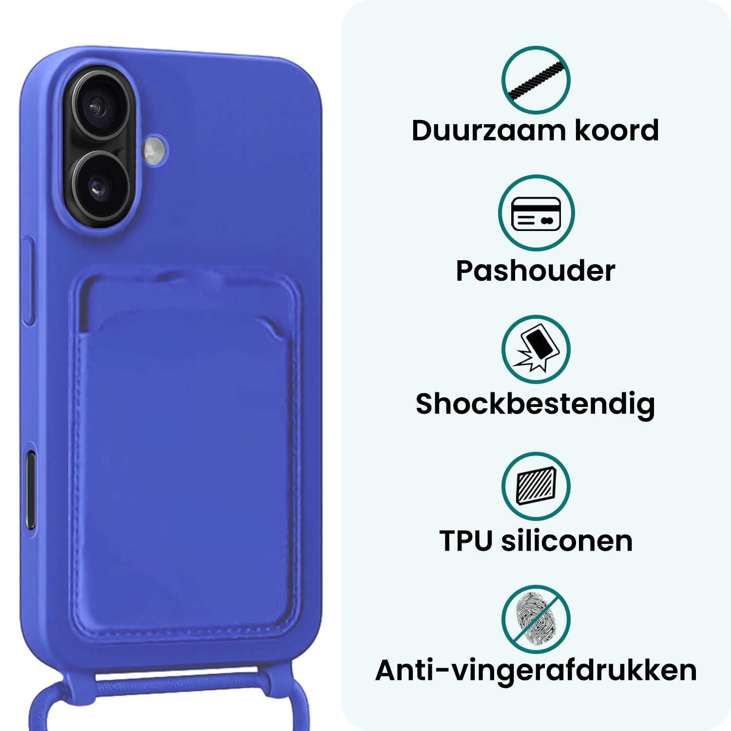 Forterra Forterra iPhone 16 Plus Hoesje Pashouder met Koord Met Screenprotector - Fel Blauw