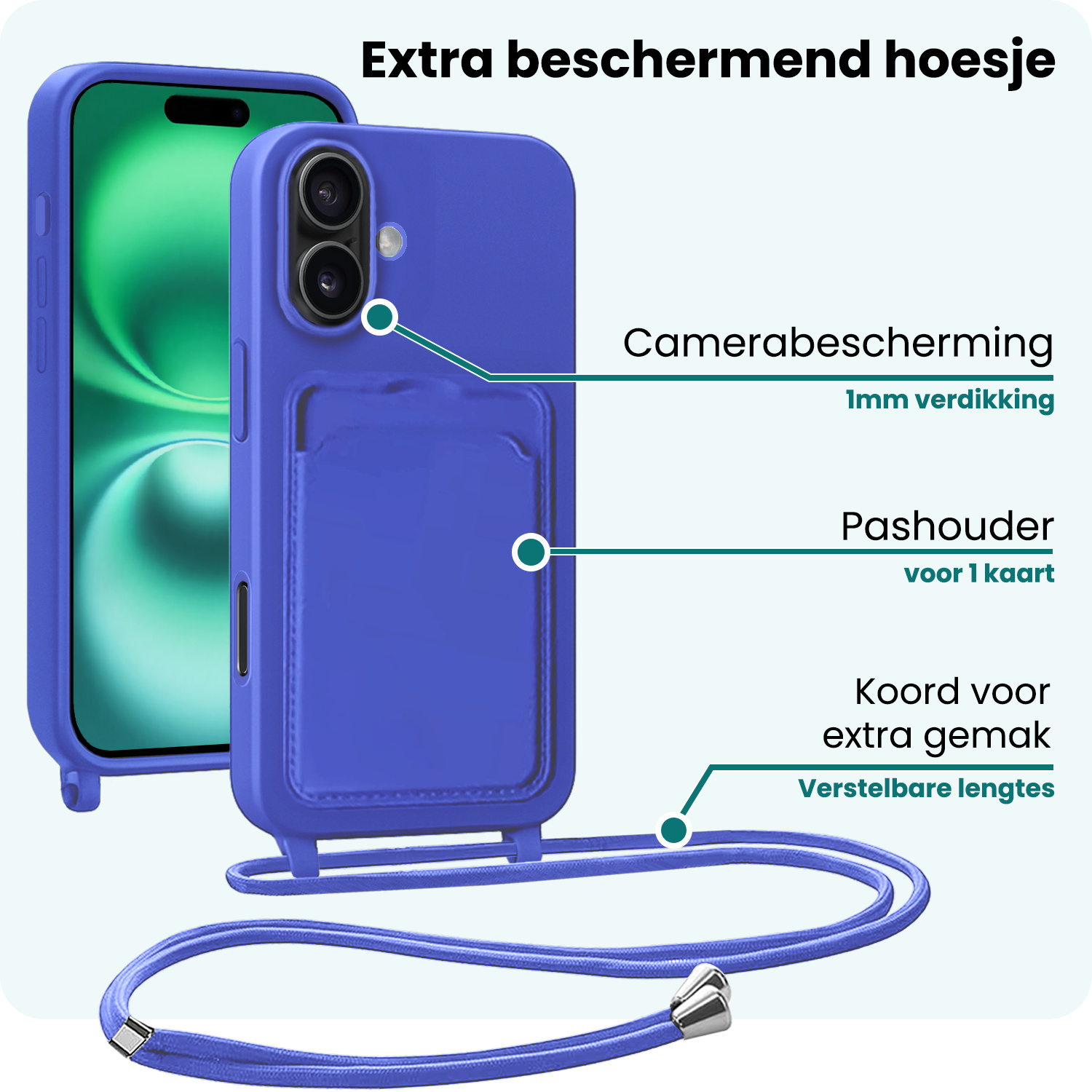 Forterra Forterra iPhone 16 Plus Hoesje Pashouder met Koord Met Screenprotector - Fel Blauw