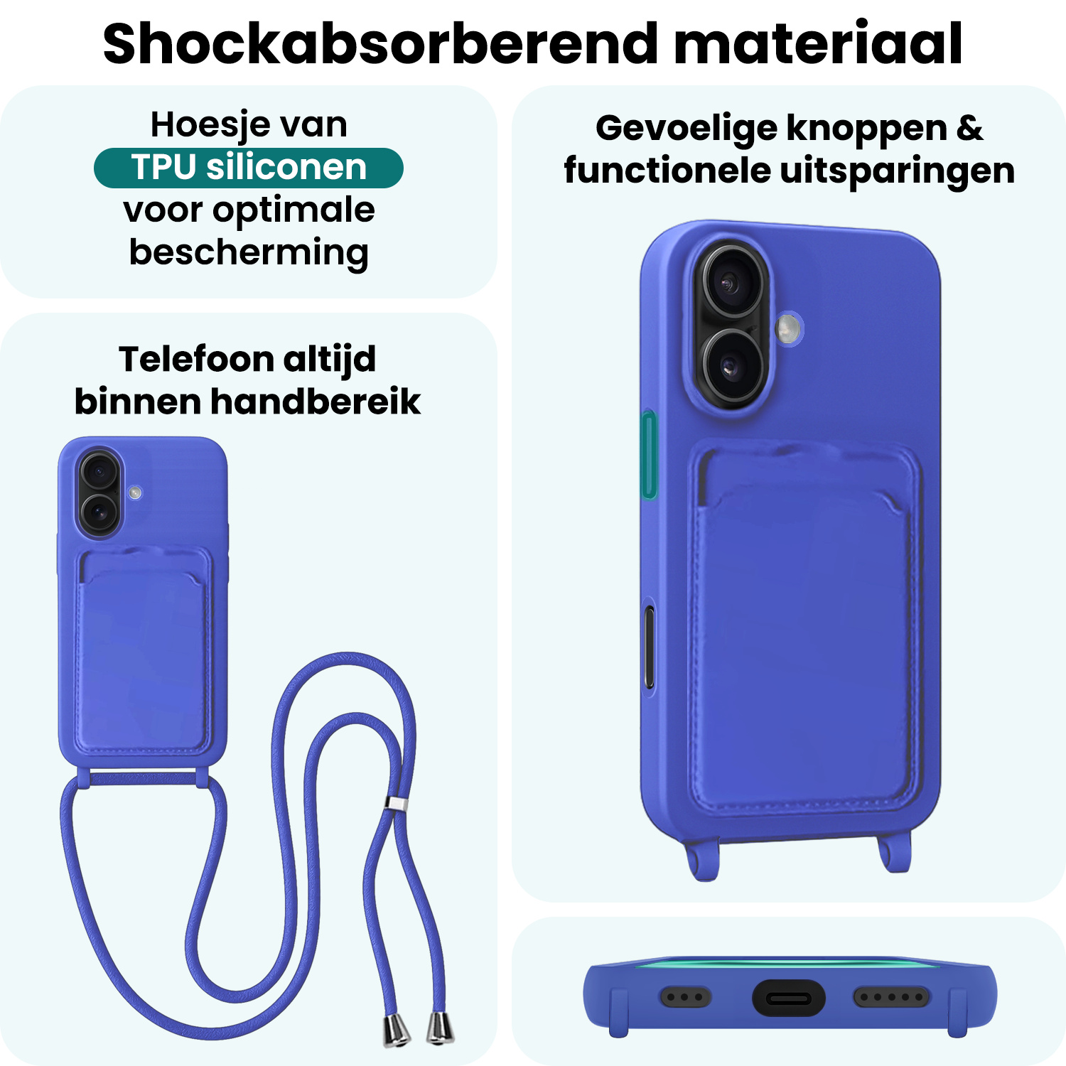 Forterra Forterra iPhone 16 Plus Hoesje Pashouder met Koord Met Screenprotector - Fel Blauw