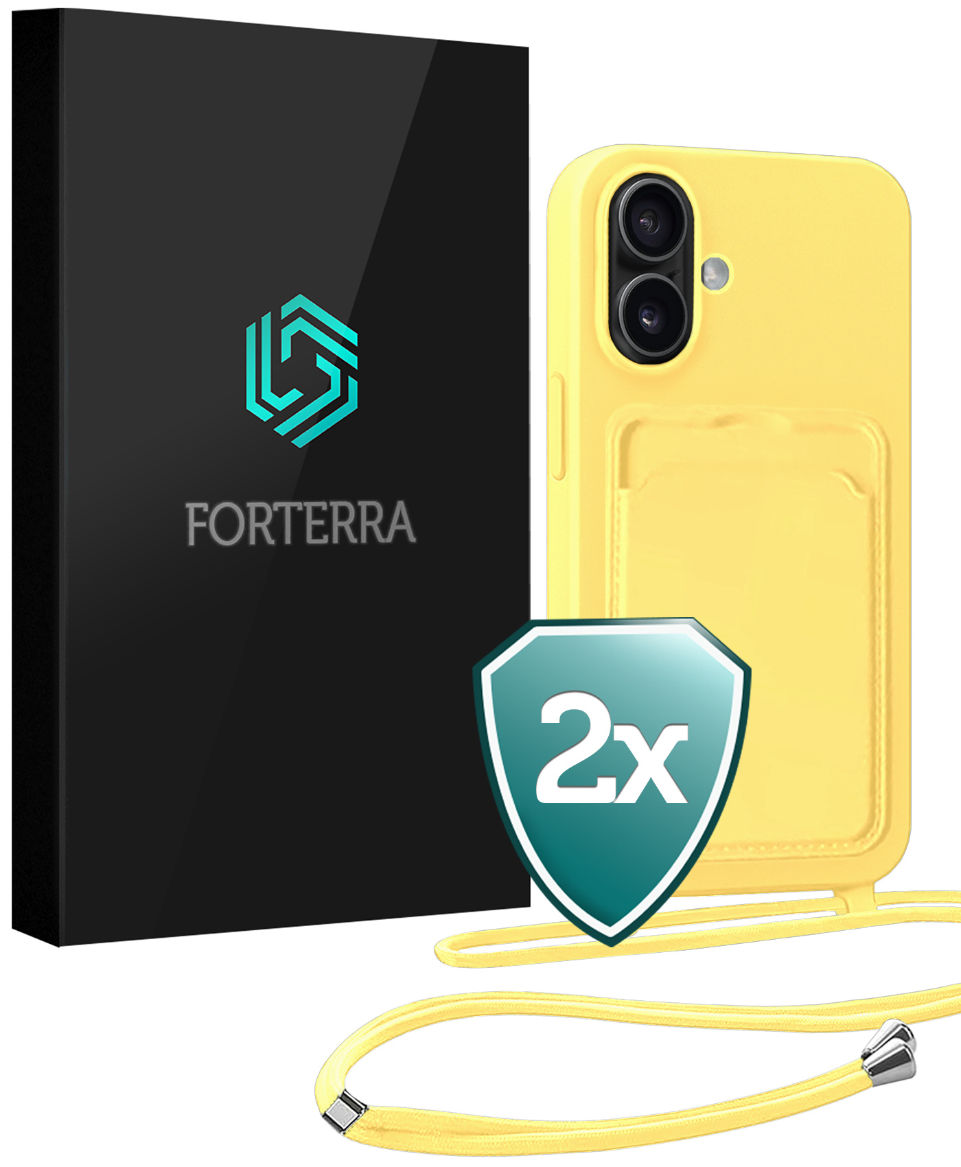 Forterra Forterra iPhone 16 Plus Hoesje Pashouder met Koord - Geel - 2 PACK