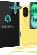 Forterra Forterra iPhone 16 Plus Hoesje Pashouder met Koord Met Screenprotector - Geel