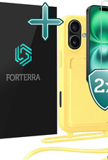 Forterra Forterra iPhone 16 Plus Hoesje Pashouder met Koord Met 2x Screenprotector - Geel
