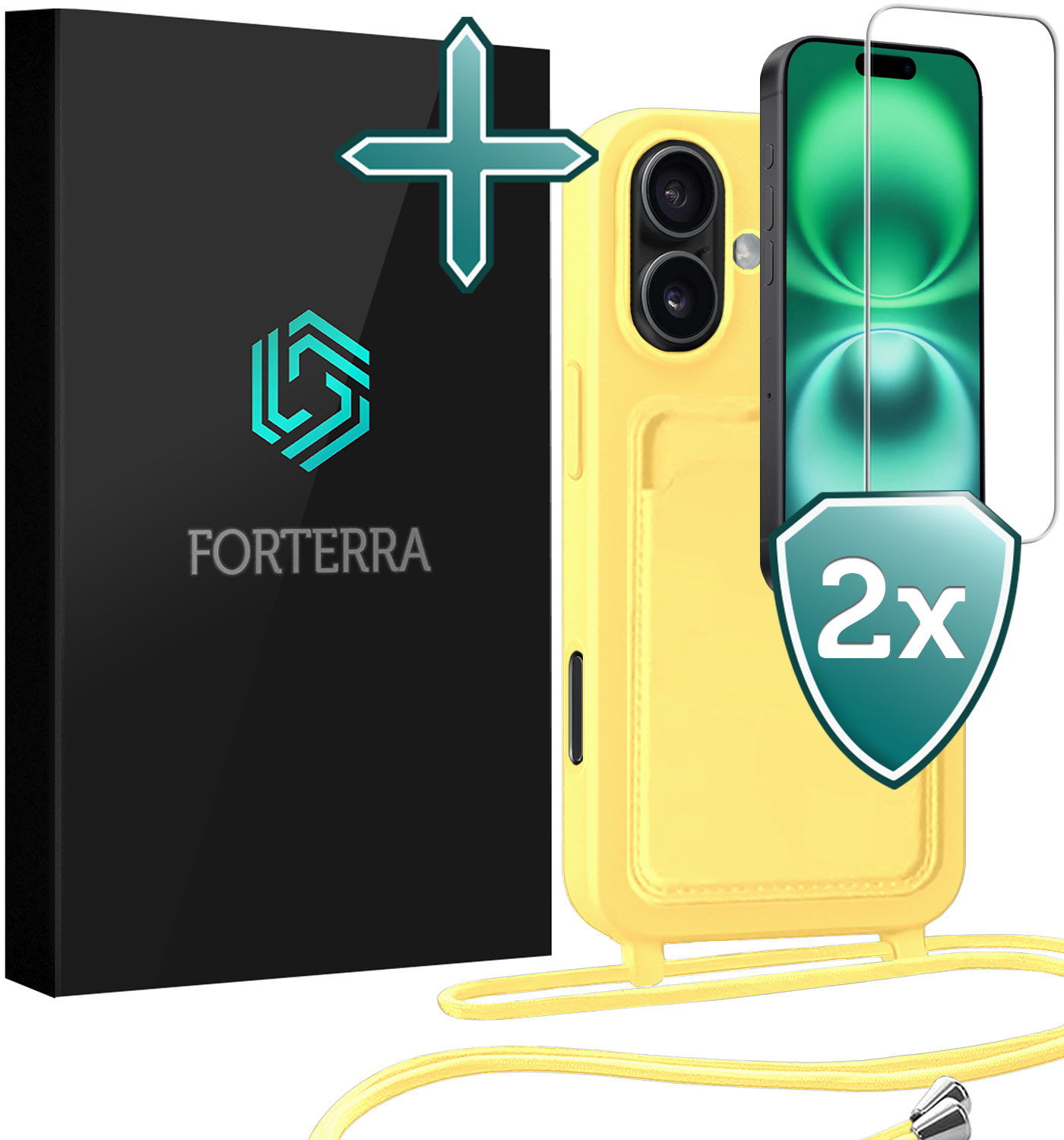 Forterra Forterra iPhone 16 Plus Hoesje Pashouder met Koord Met 2x Screenprotector - Geel