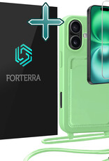 Forterra Forterra iPhone 16 Plus Hoesje Pashouder met Koord Met Screenprotector - Groen
