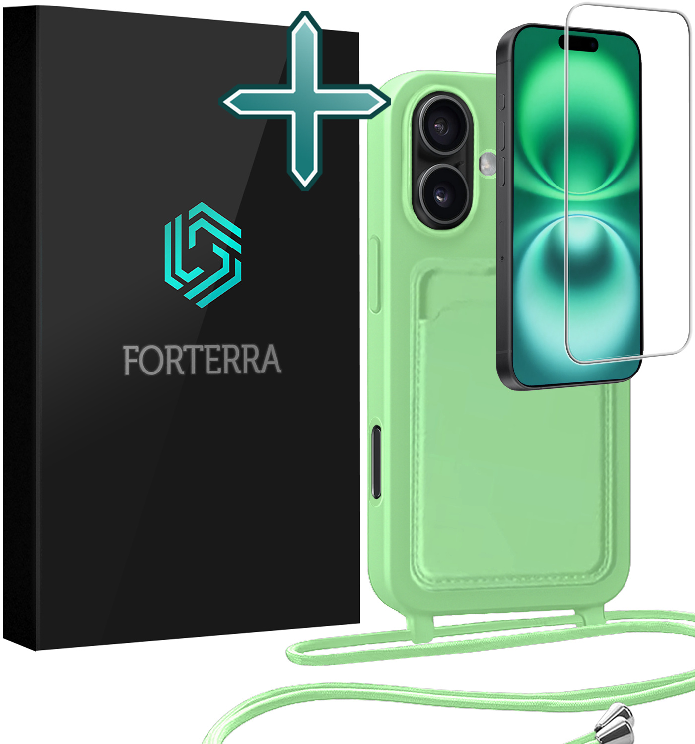 Forterra Forterra iPhone 16 Plus Hoesje Pashouder met Koord Met Screenprotector - Groen