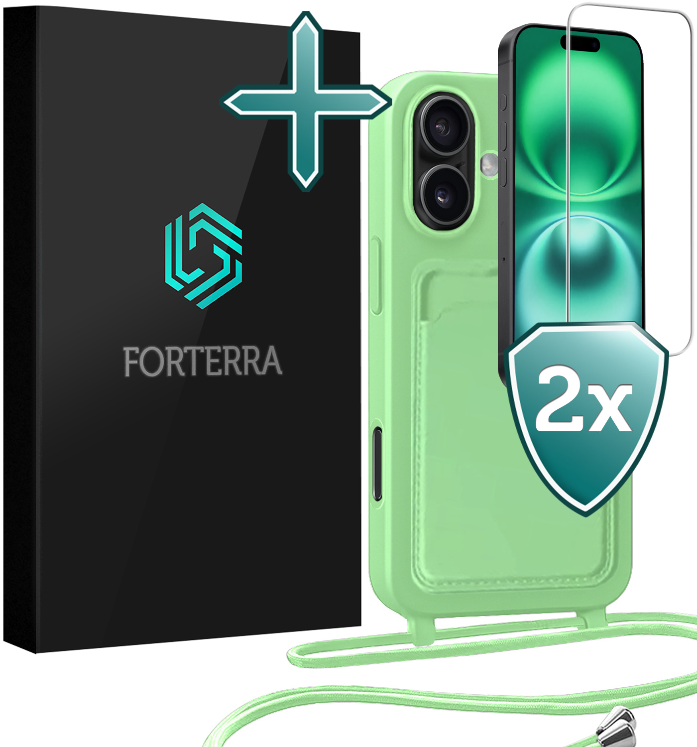 Forterra Forterra iPhone 16 Plus Hoesje Pashouder met Koord Met 2x Screenprotector - Groen