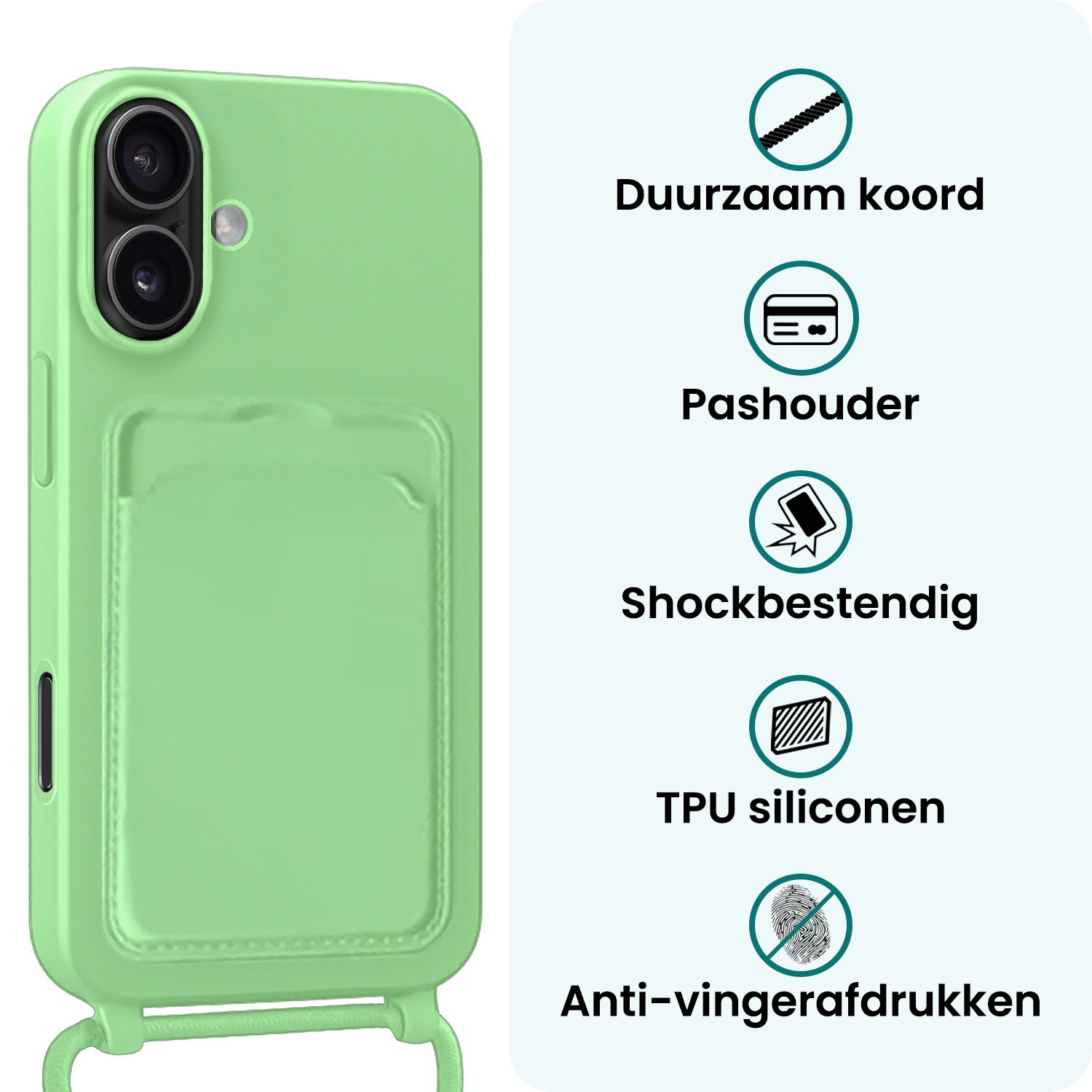 Forterra Forterra iPhone 16 Plus Hoesje Pashouder met Koord Met 2x Screenprotector - Groen