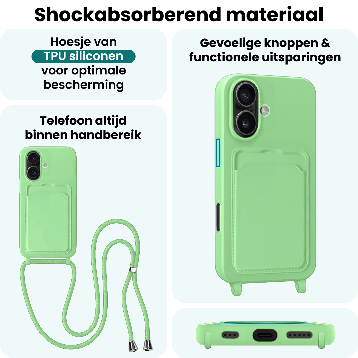 Forterra Forterra iPhone 16 Plus Hoesje Pashouder met Koord Met 2x Screenprotector - Groen