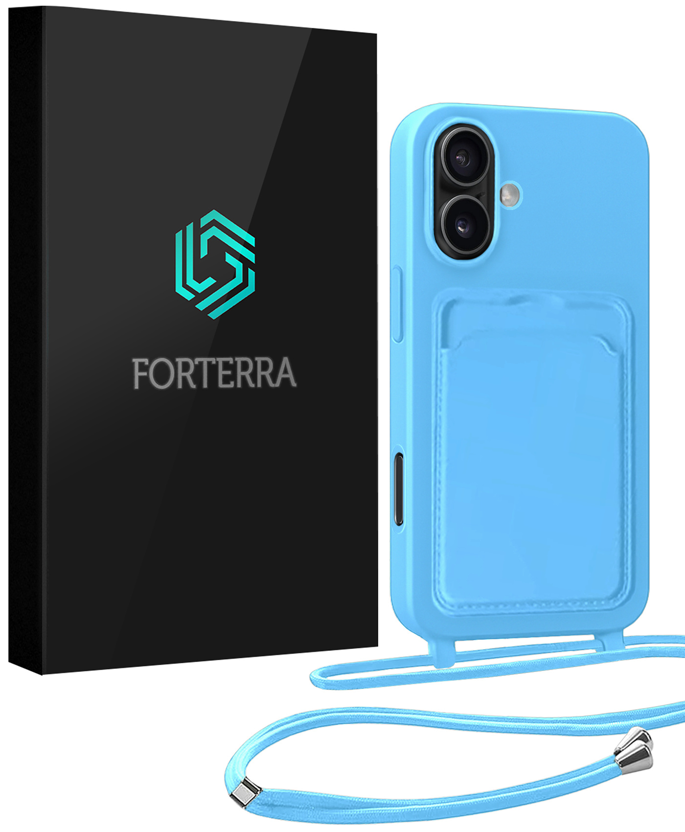 Forterra Forterra iPhone 16 Plus Hoesje Pashouder met Koord - Lichtblauw
