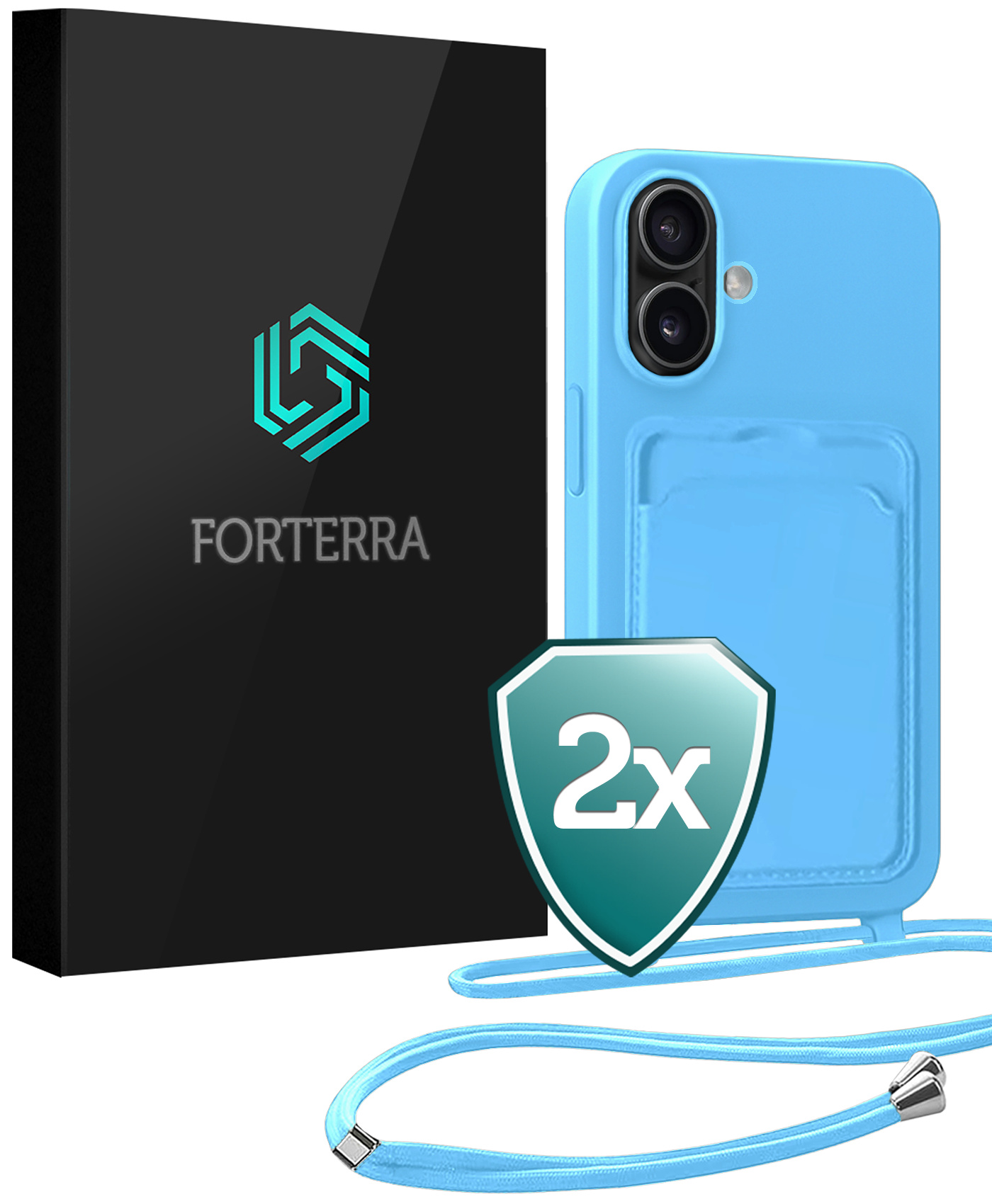 Forterra Forterra iPhone 16 Plus Hoesje Pashouder met Koord - Lichtblauw - 2 PACK