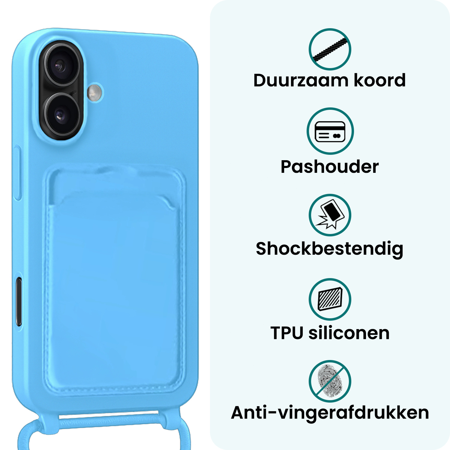 Forterra Forterra iPhone 16 Plus Hoesje Pashouder met Koord - Lichtblauw - 2 PACK