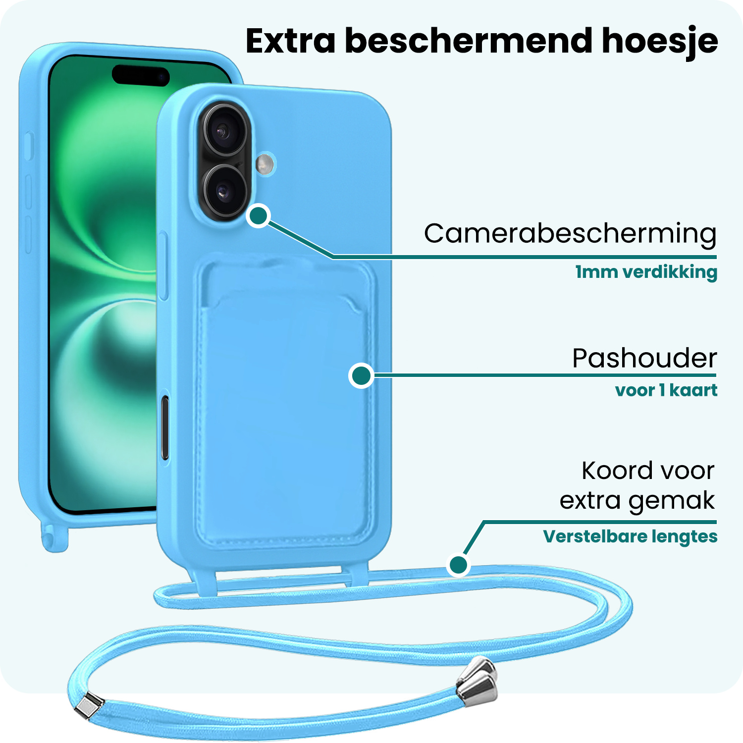 Forterra Forterra iPhone 16 Plus Hoesje Pashouder met Koord - Lichtblauw - 2 PACK