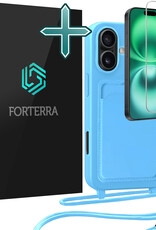 Forterra Forterra iPhone 16 Plus Hoesje Pashouder met Koord Met Screenprotector - Lichtblauw