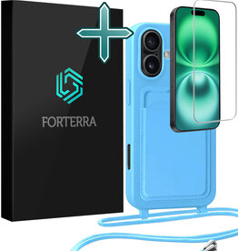 Forterra Forterra iPhone 16 Plus Hoesje Pashouder met Koord Met Screenprotector - Lichtblauw