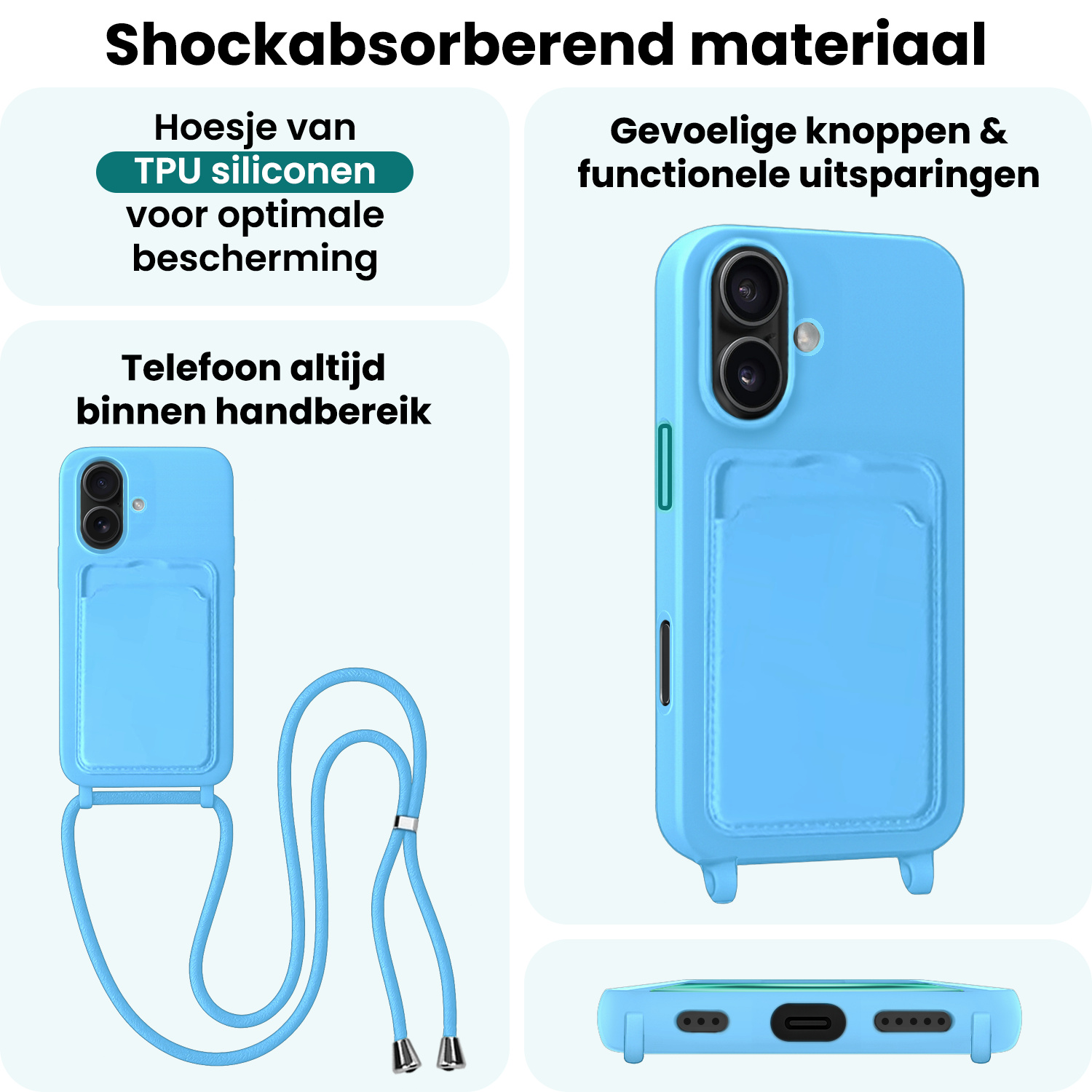 Forterra Forterra iPhone 16 Plus Hoesje Pashouder met Koord Met Screenprotector - Lichtblauw