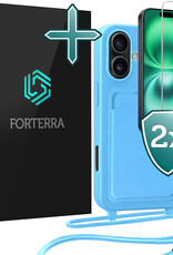 Forterra Forterra iPhone 16 Plus Hoesje Pashouder met Koord Met 2x Screenprotector - Lichtblauw